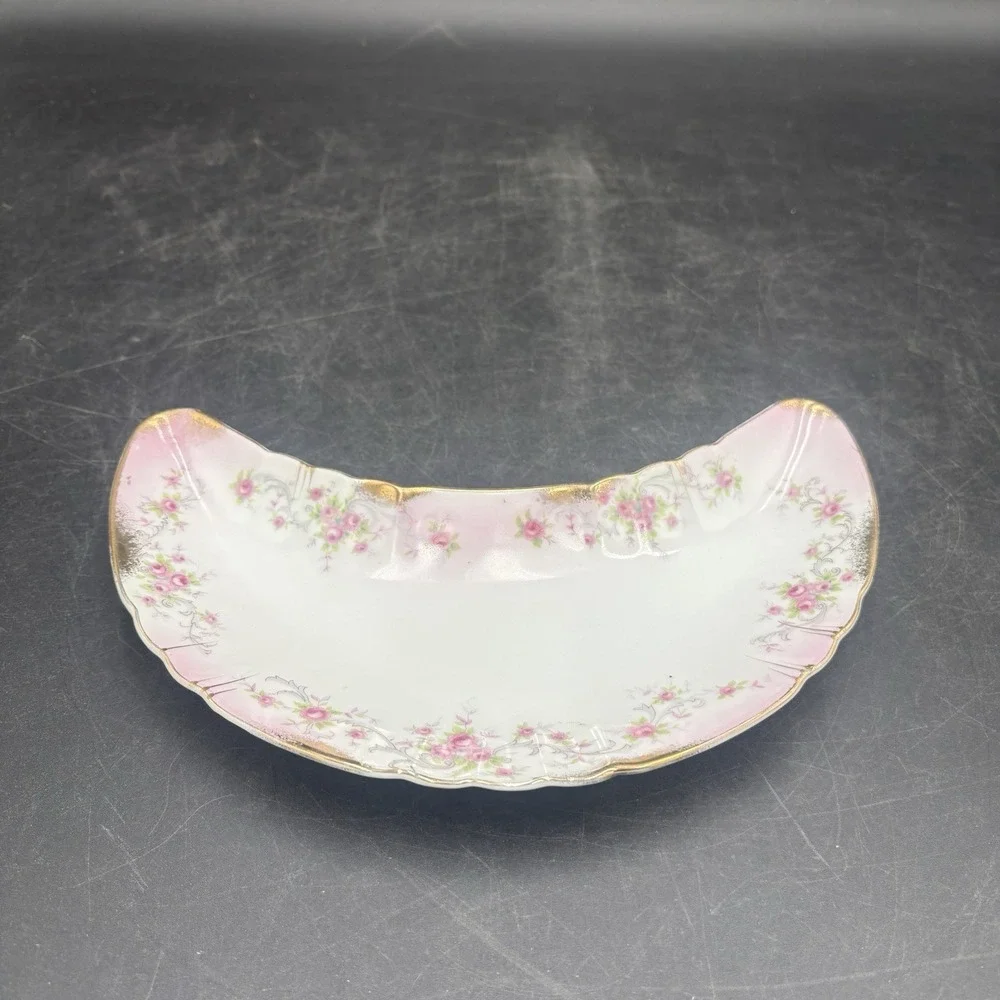 Lefton China Trinket Dish Dainty Pink Rose, Gold Trim Crescent Shape